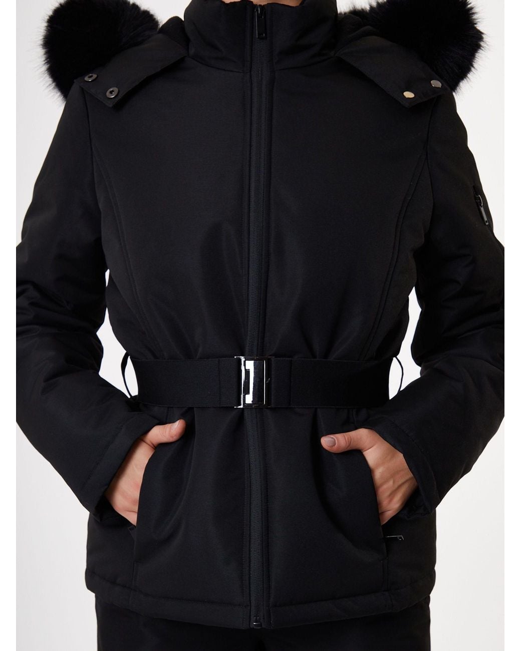 Threadbare Black Belted Padded Ski Jacket