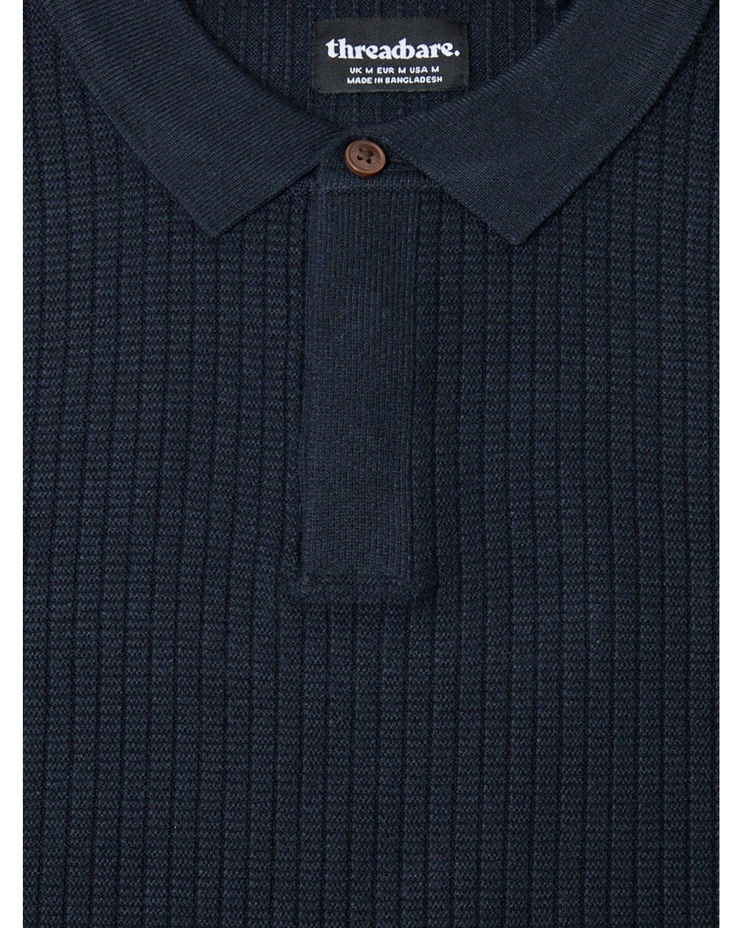 Threadbare Blue Waffle Stitch Polo Button Jumper for men