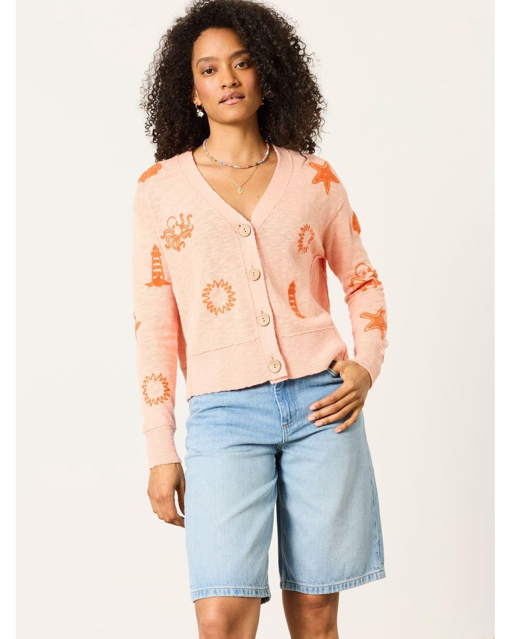 FatFace Orange Seascape Knitted Cardigan
