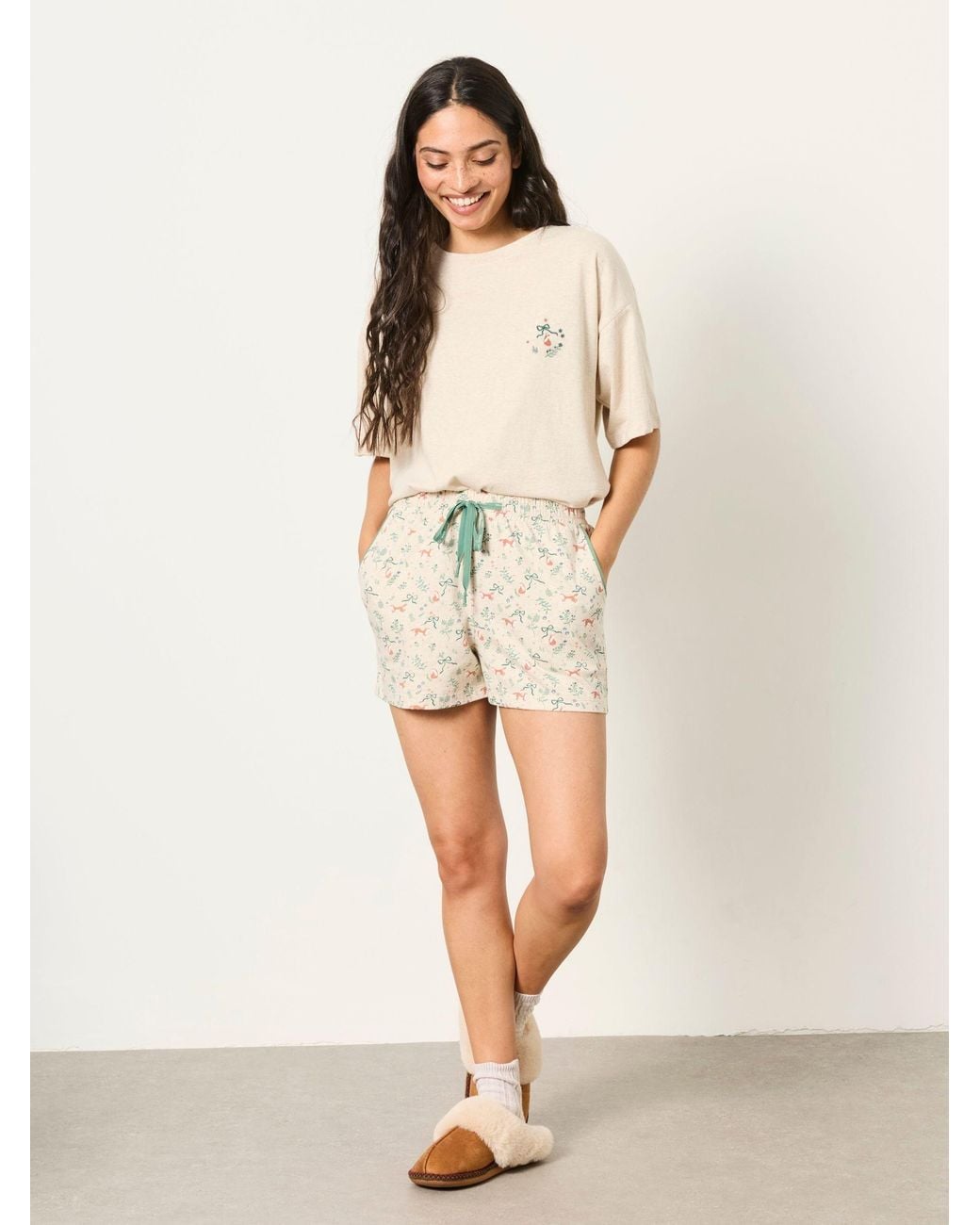 FatFace Natural Fox Print Jersey Pyjama Shorts
