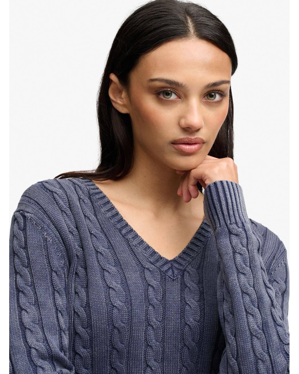 Superdry Blue Washed V-Neck Cable Jumper