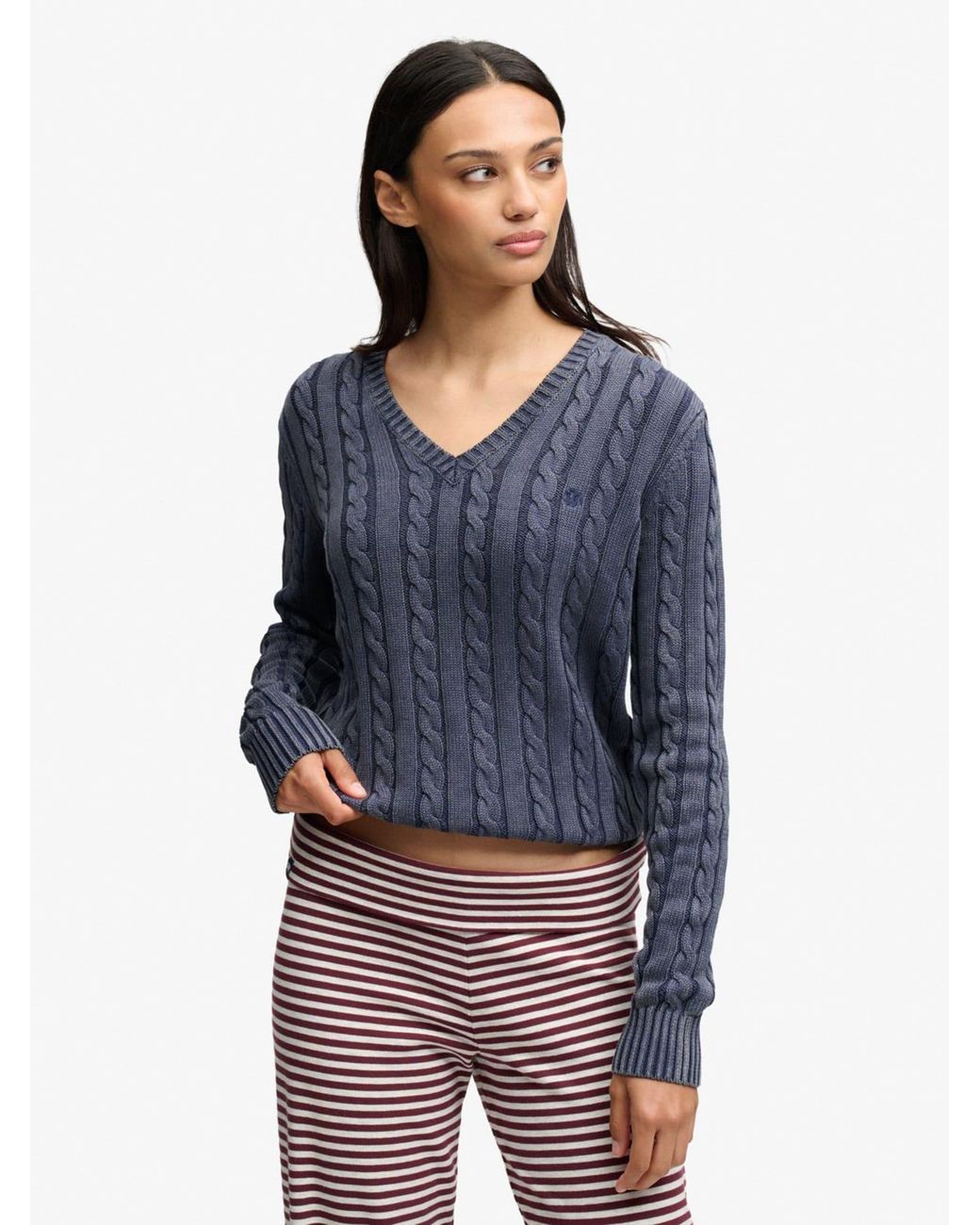 Superdry Blue Washed V-Neck Cable Jumper