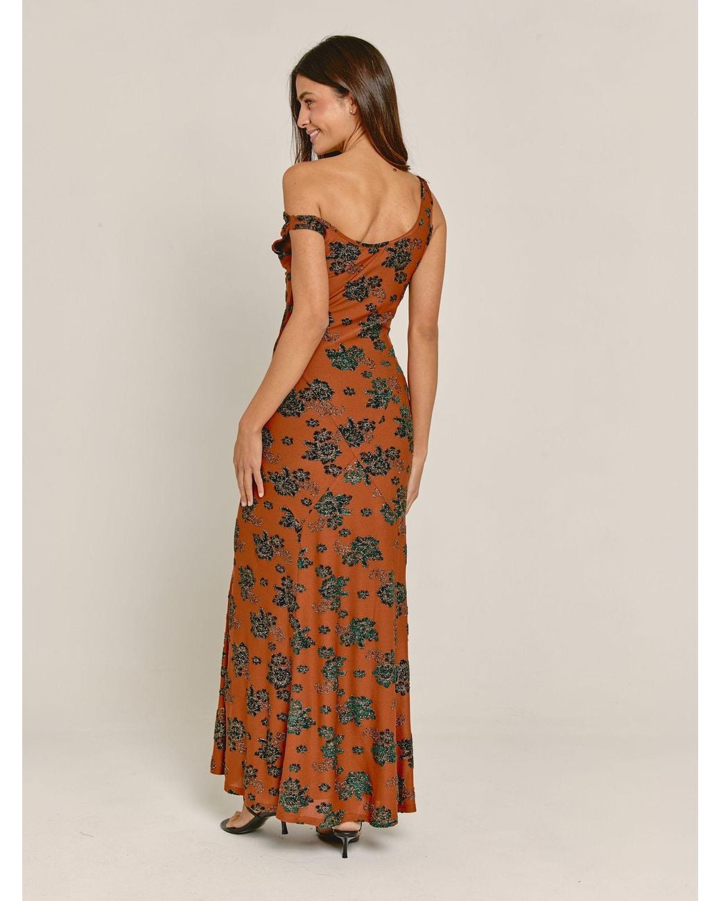 Rare London Metalic Burnout Fallen Shoulder Maxi Dress in Natural | Lyst