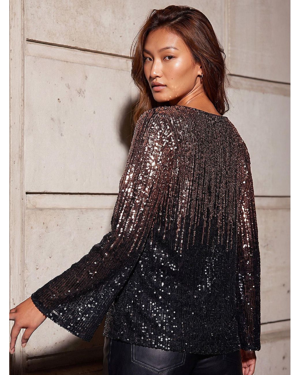 Roman Brown Ombre Sequin Crew Neck Top