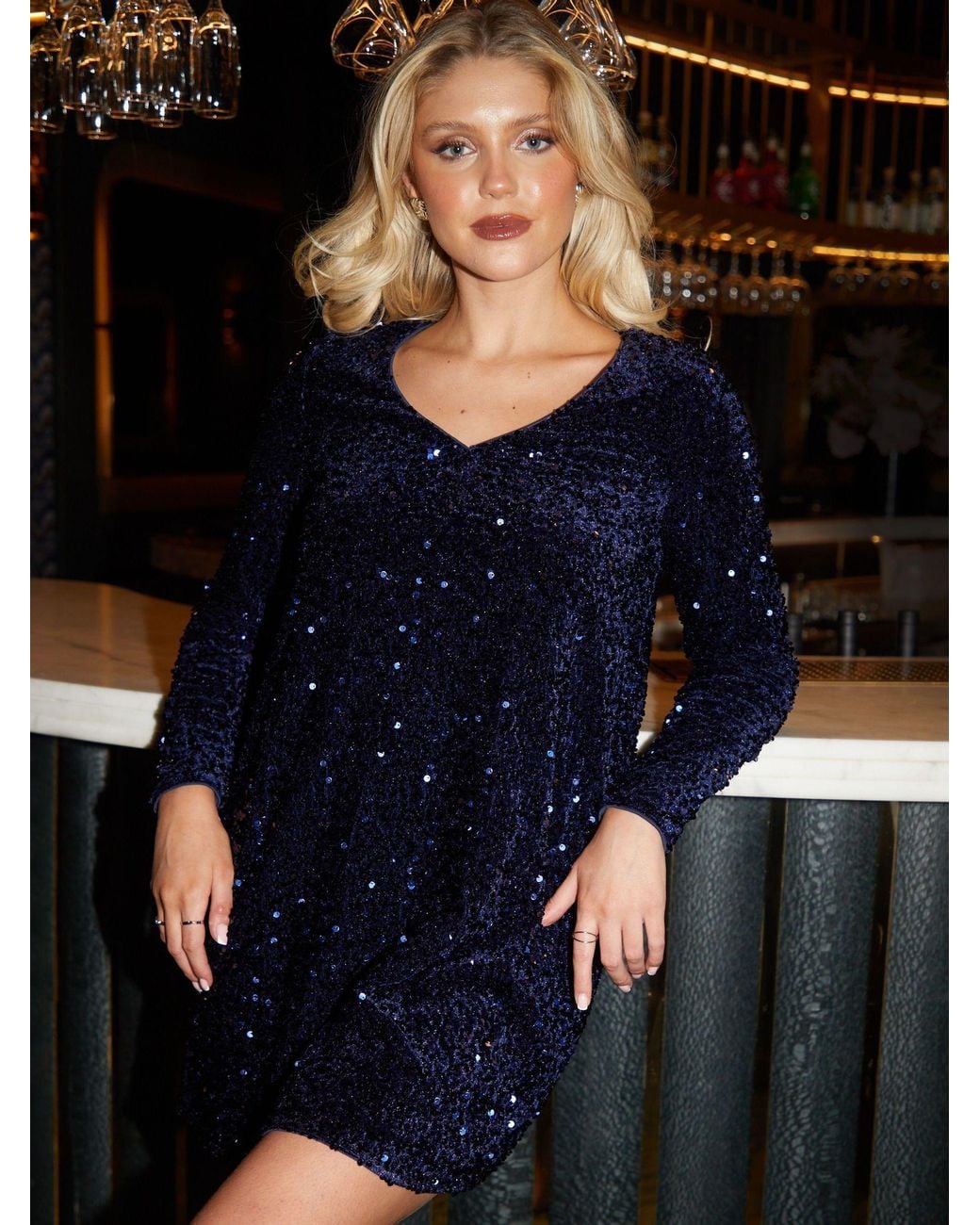 Threadbare Black Sequin Velour V-Neck Mini Dress