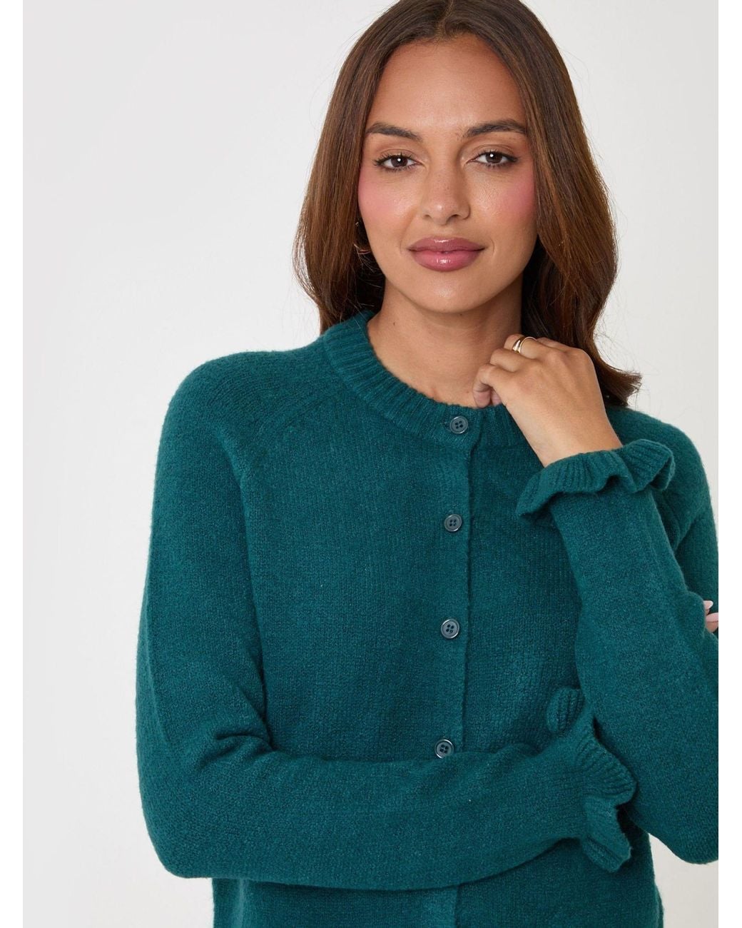 Threadbare Green Crew Neck Ruffle Cardigan