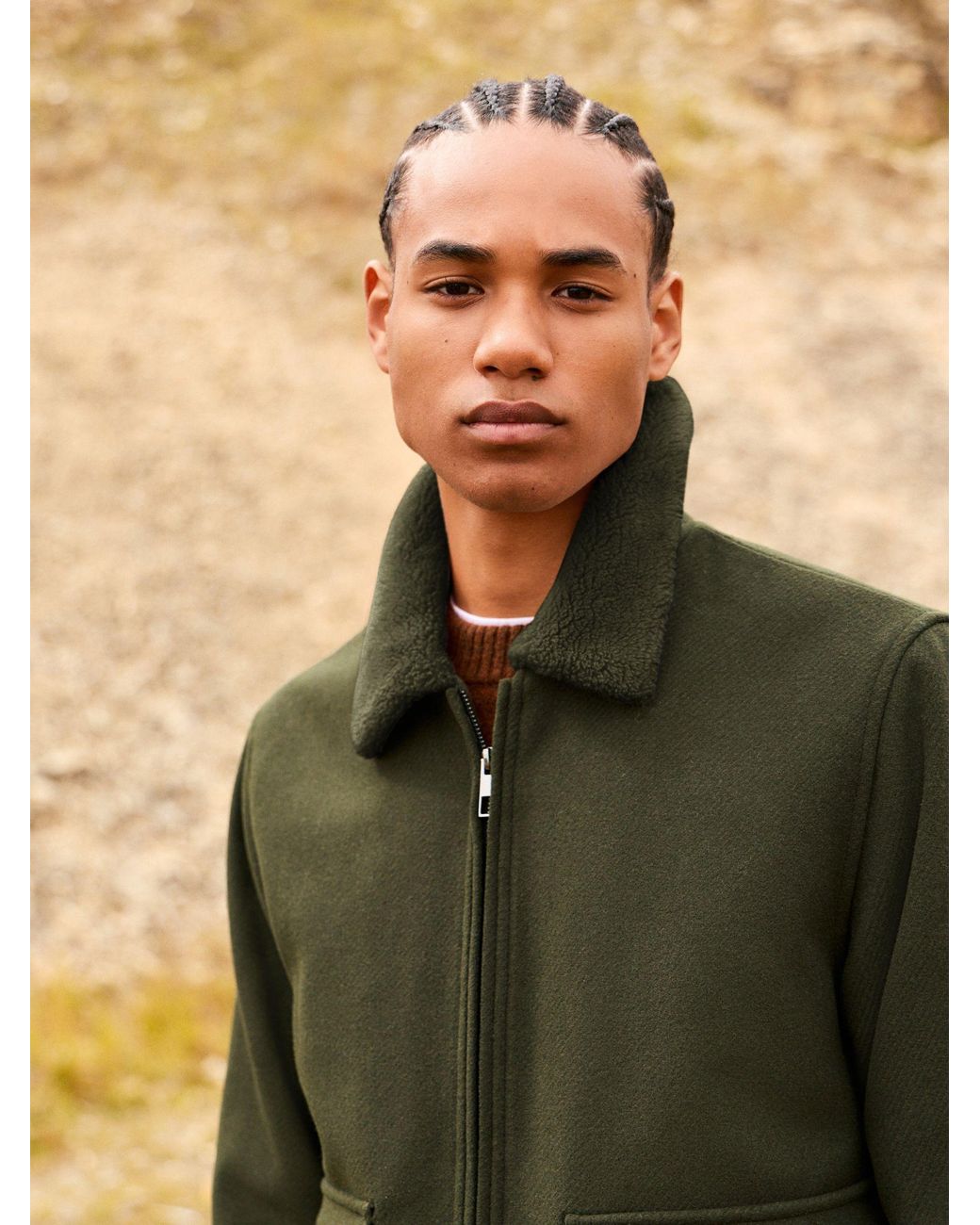 Next Green Twill Wool Blend Borg Collar Jacket for men