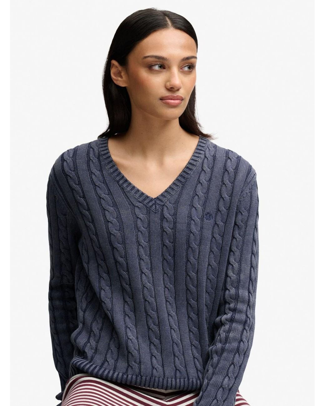 Superdry Blue Washed V-Neck Cable Jumper