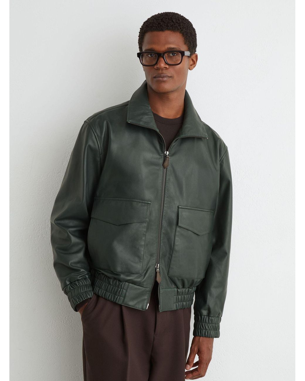 Reiss Trinity - Dark Green Leather Oversized Funnel-neck Jacket, Xl for men