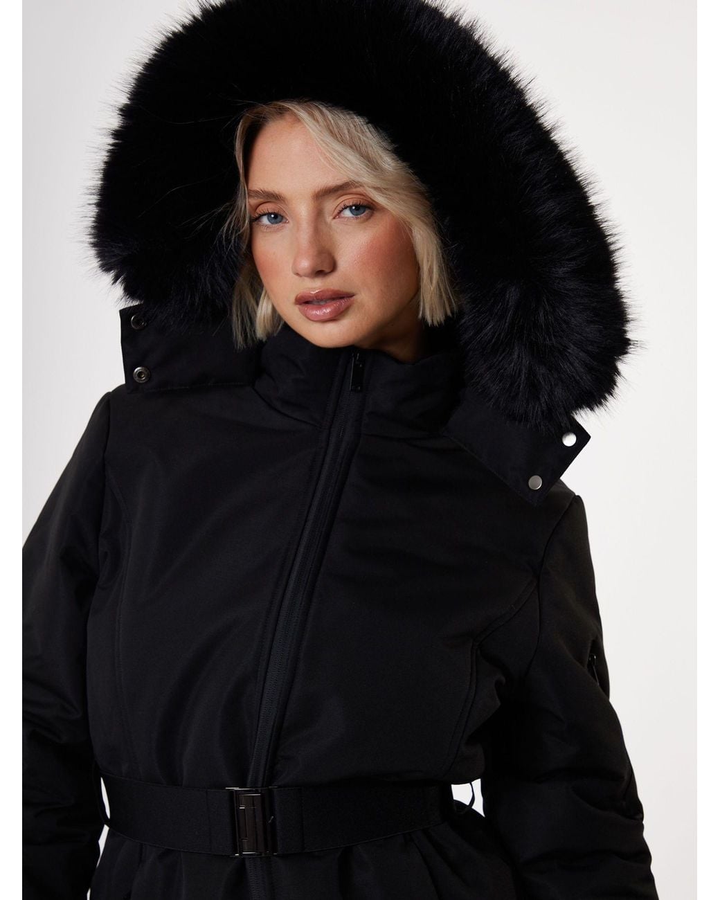 Threadbare Black Belted Padded Ski Jacket