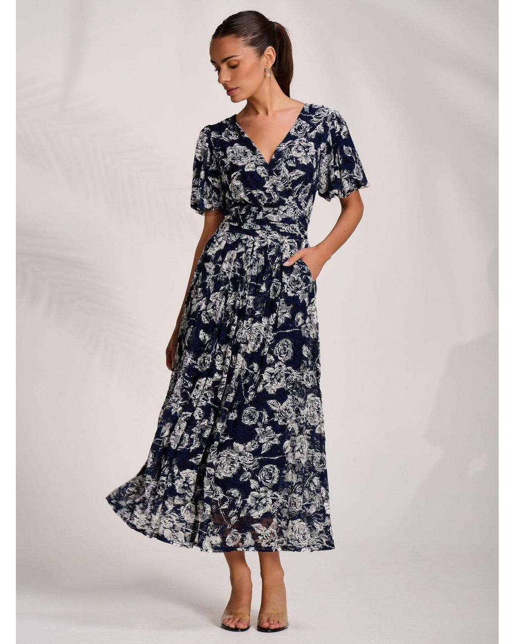 Jolie Moi Puff Sleeve Printed Lace Maxi Dress in Blue | Lyst