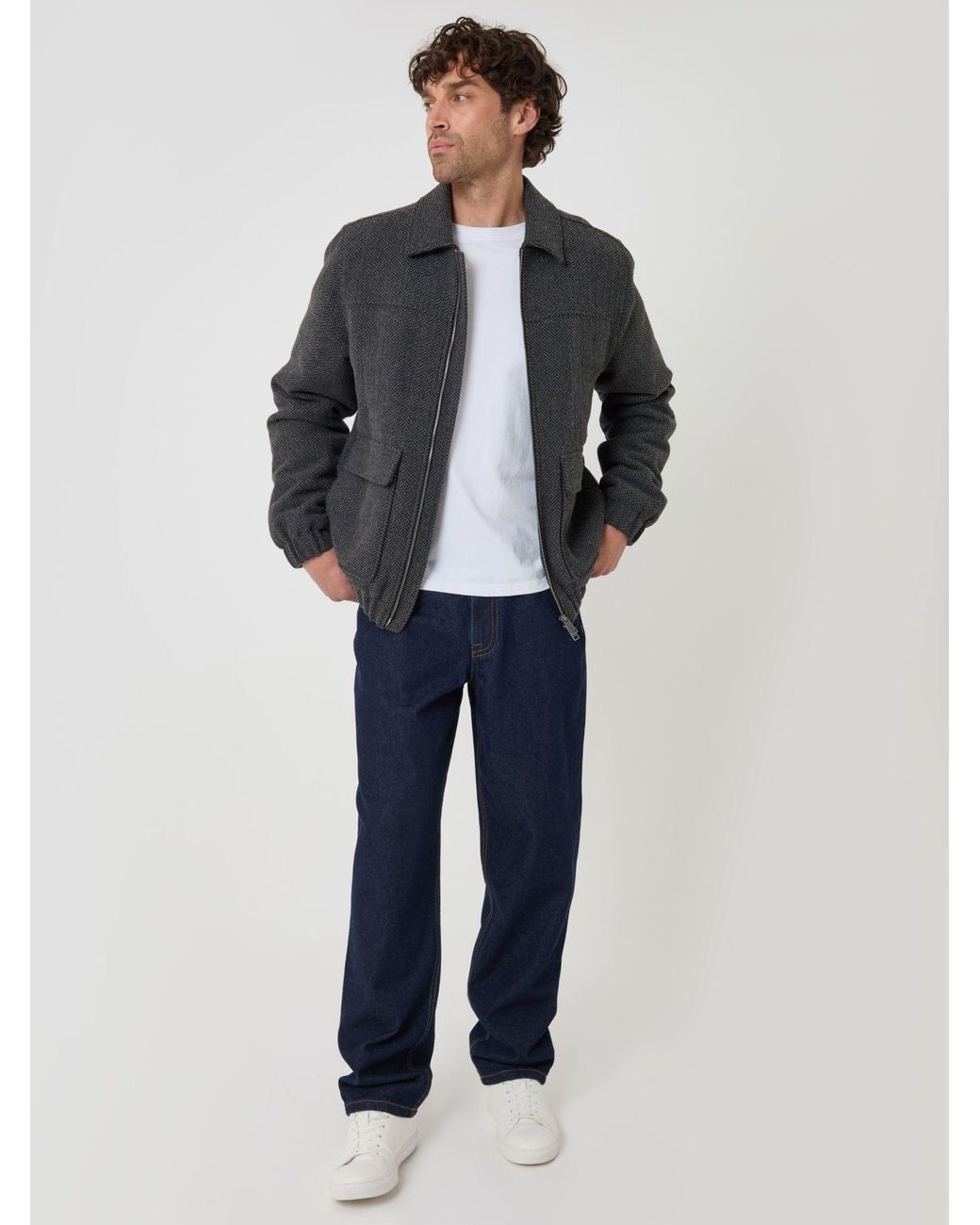 Threadbare Blue Herringbone Faux Wool Collared Jacket for men