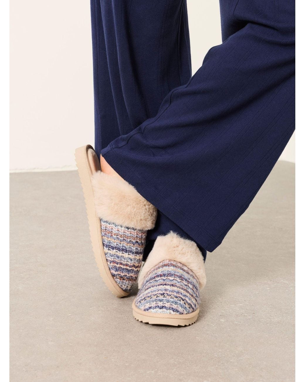 FatFace Blue Kaia Faux Fur Knitted Mule