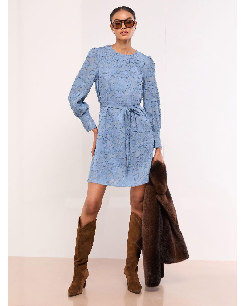 Lipsy 3D Lace Long Sleeve Mini Dress in Blue | Lyst
