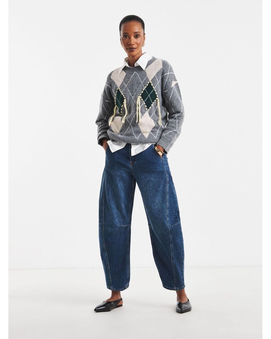 JD Williams Gray Loose Thread Argyle Jumper