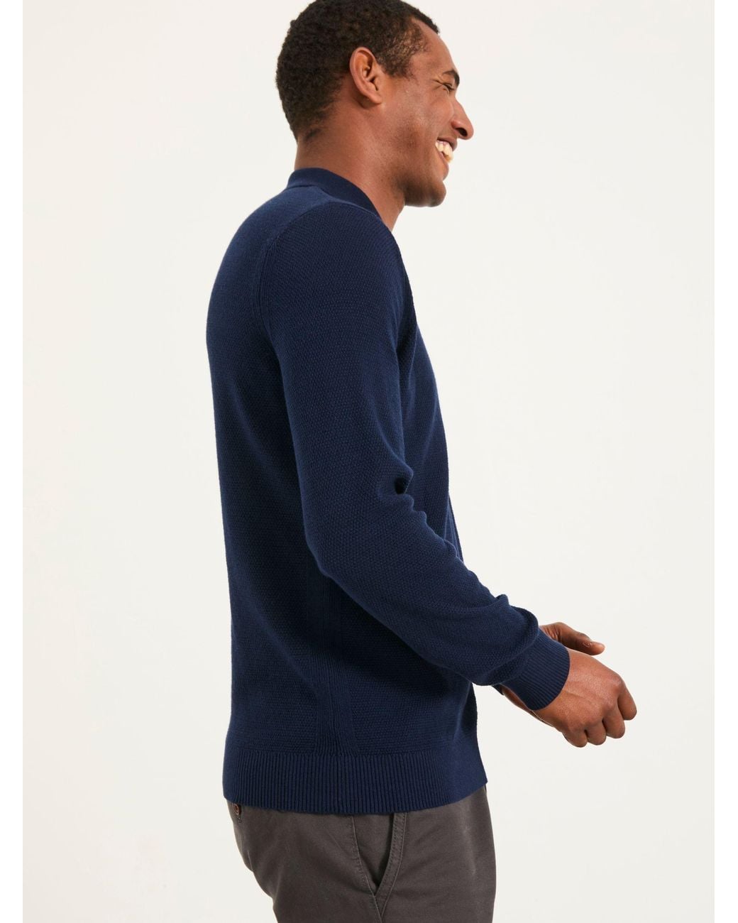 FatFace Blue Row Textured Knitted Button Polo for men