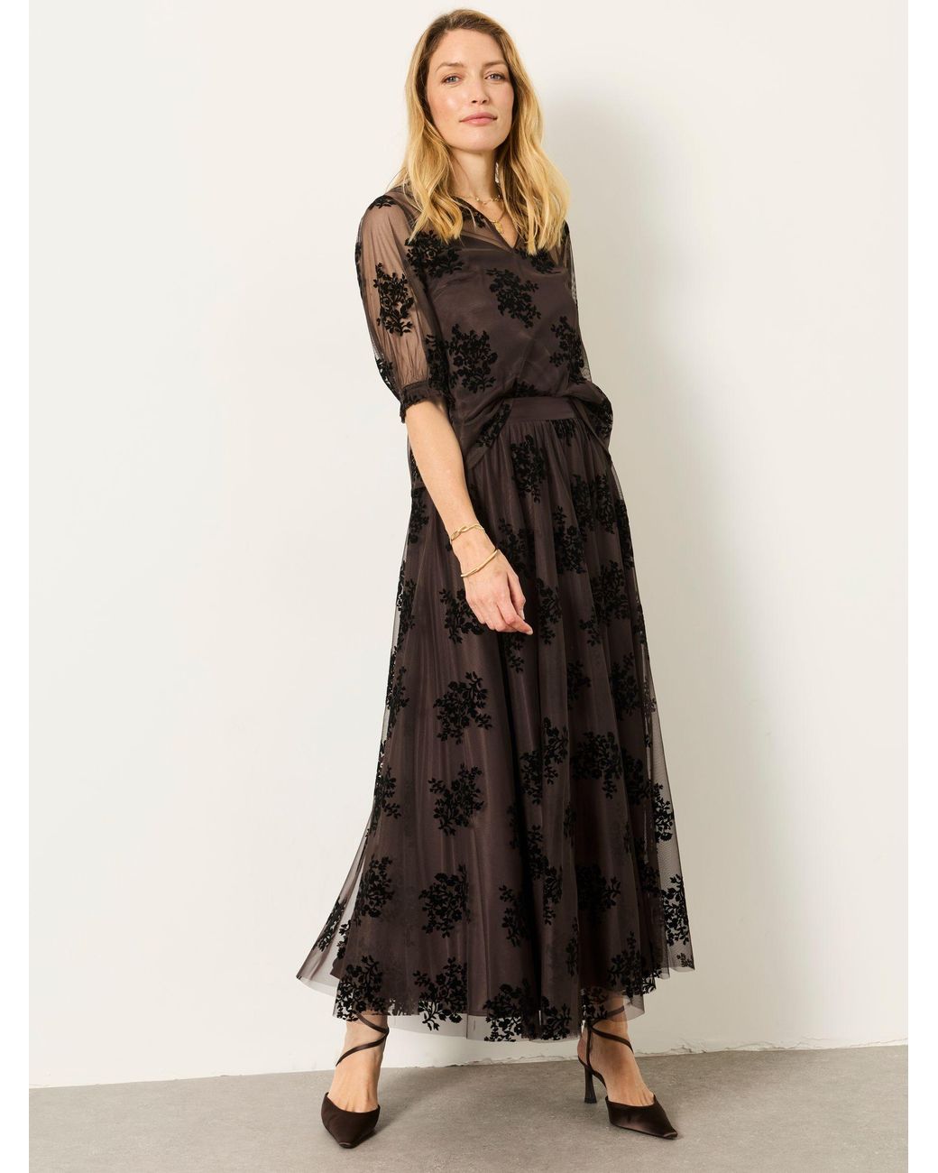 FatFace Brown Fleur Flocked Tulle Blouse