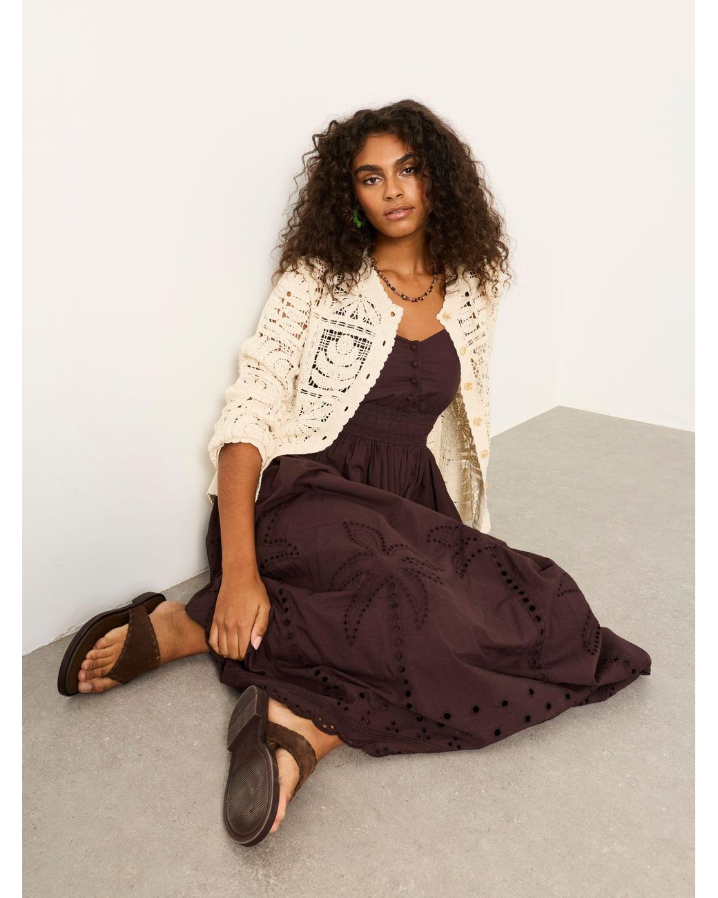 FatFace Brown Teri Embroidered Midi Dress