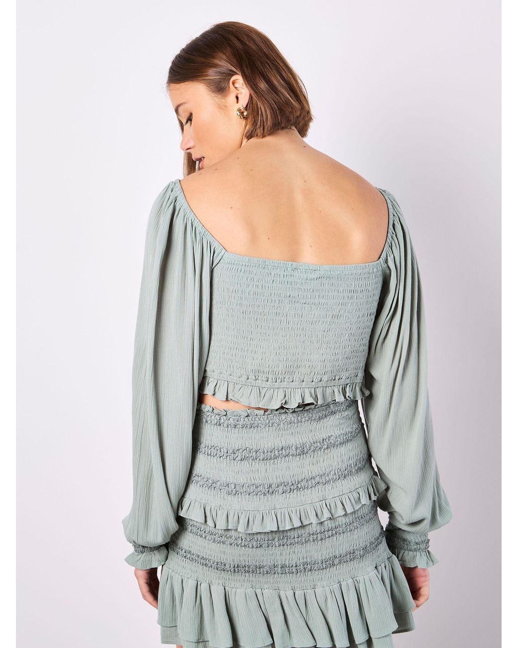 Apricot Gray Smocked Tassel Crop Long Sleeve Blouses