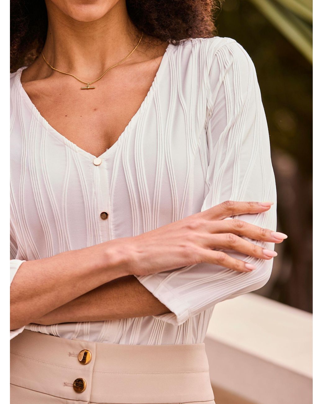 Sosandar White Wavy Texture Button Front Top