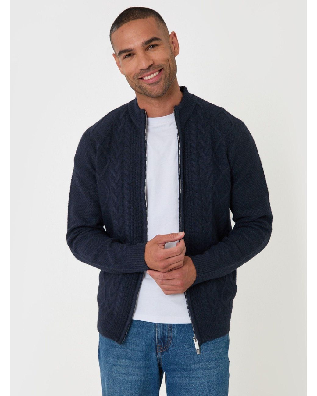 Threadbare Blue Cable Knit Zip Through Jumper for men