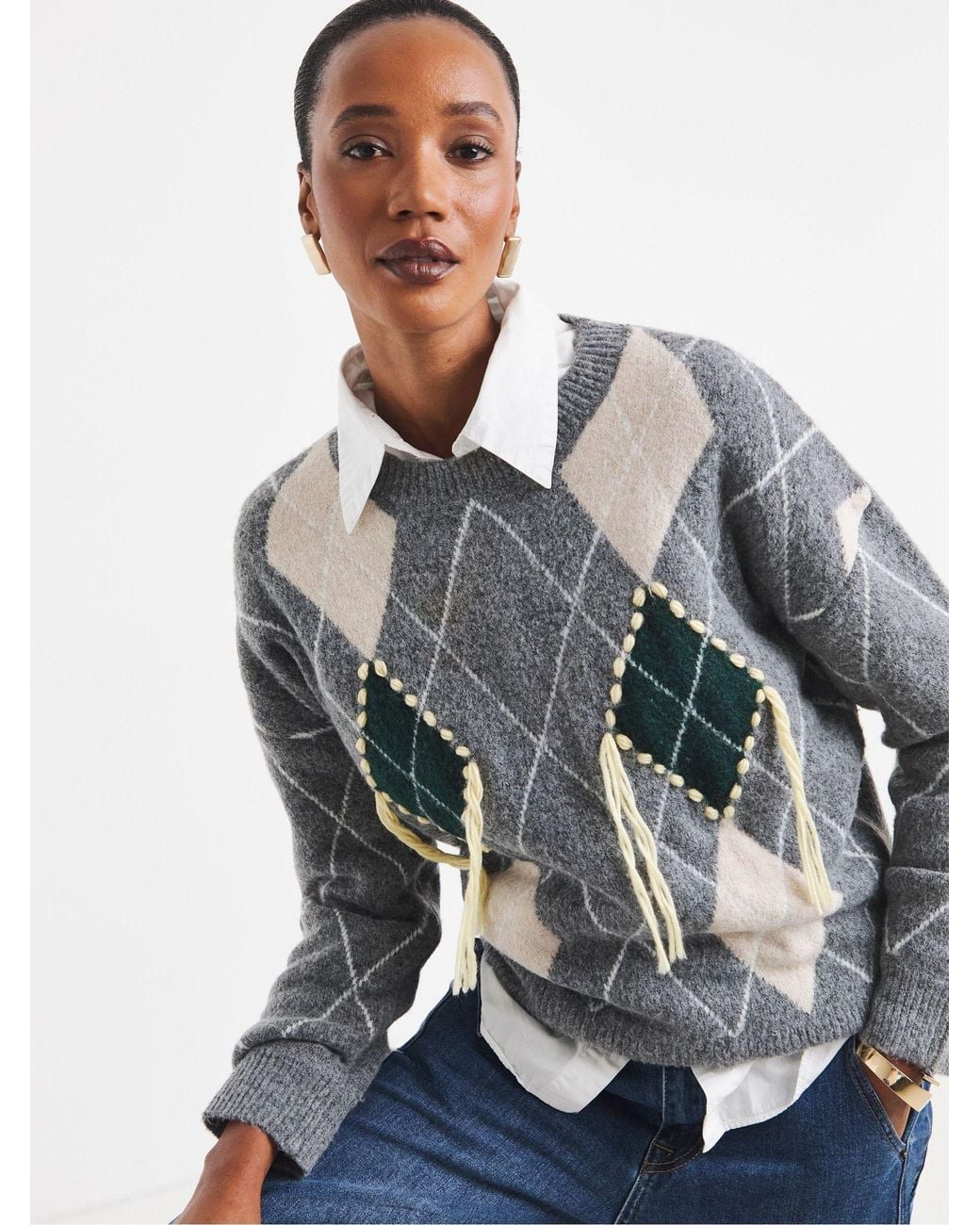JD Williams Gray Loose Thread Argyle Jumper