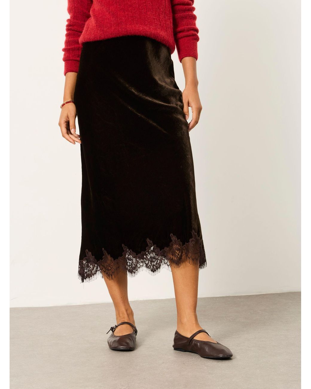 FatFace Red Esme Velvet Midi Skirt