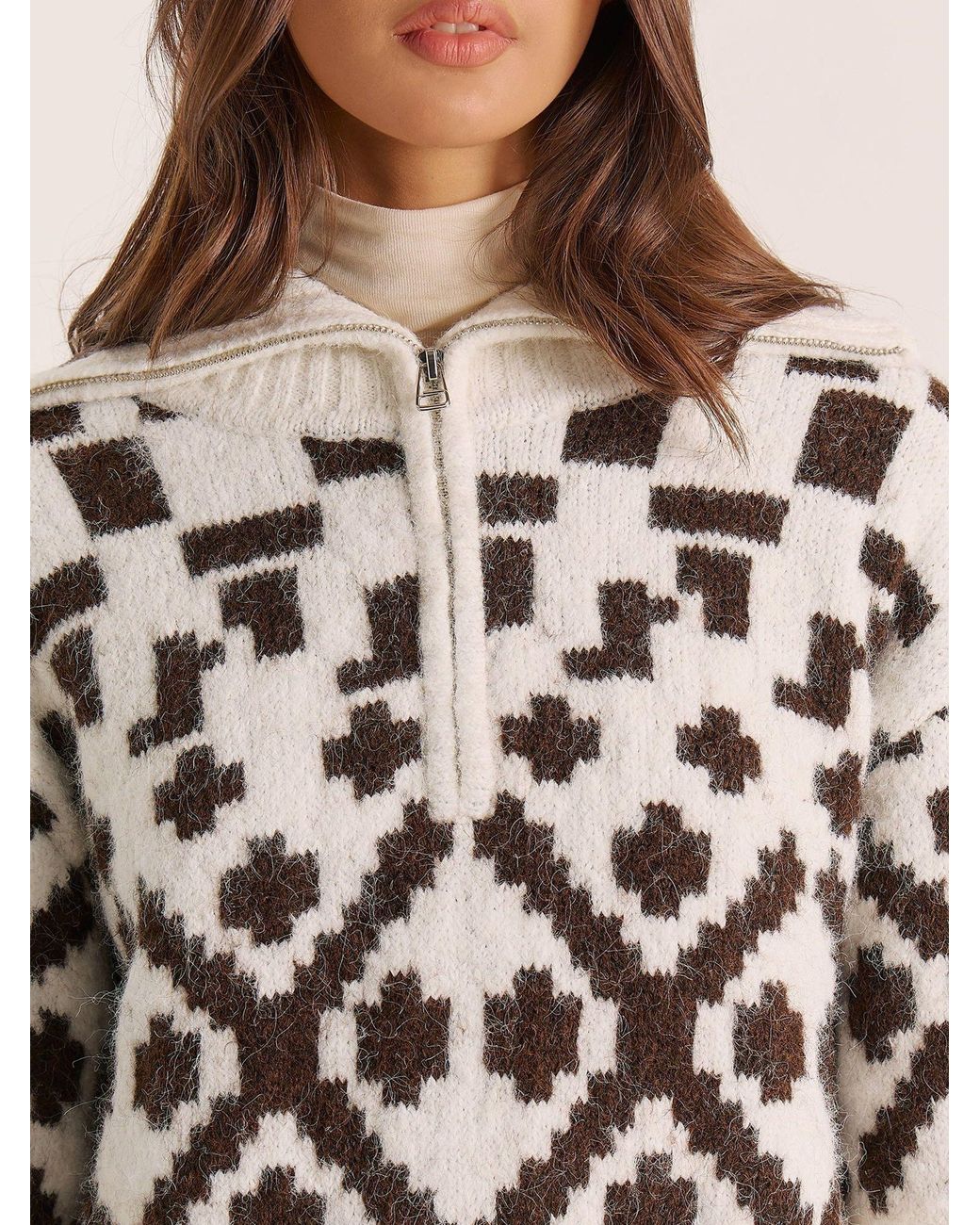 4th & Reckless Natural Janine Fairisle Knitted Zip Up Jumper