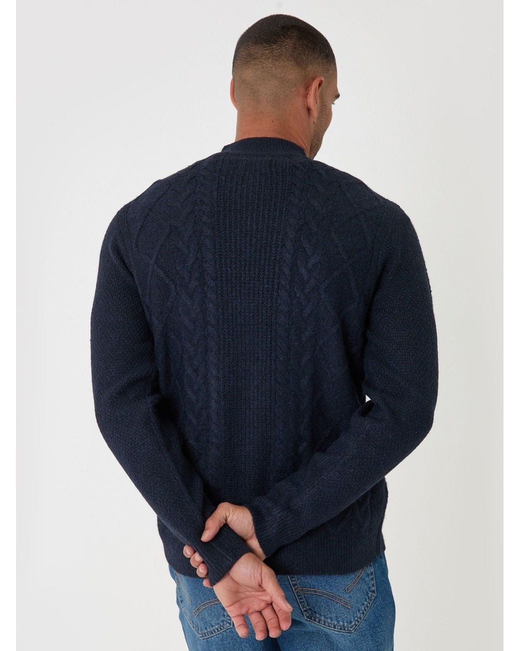 Threadbare Blue Cable Knit Zip Through Jumper for men