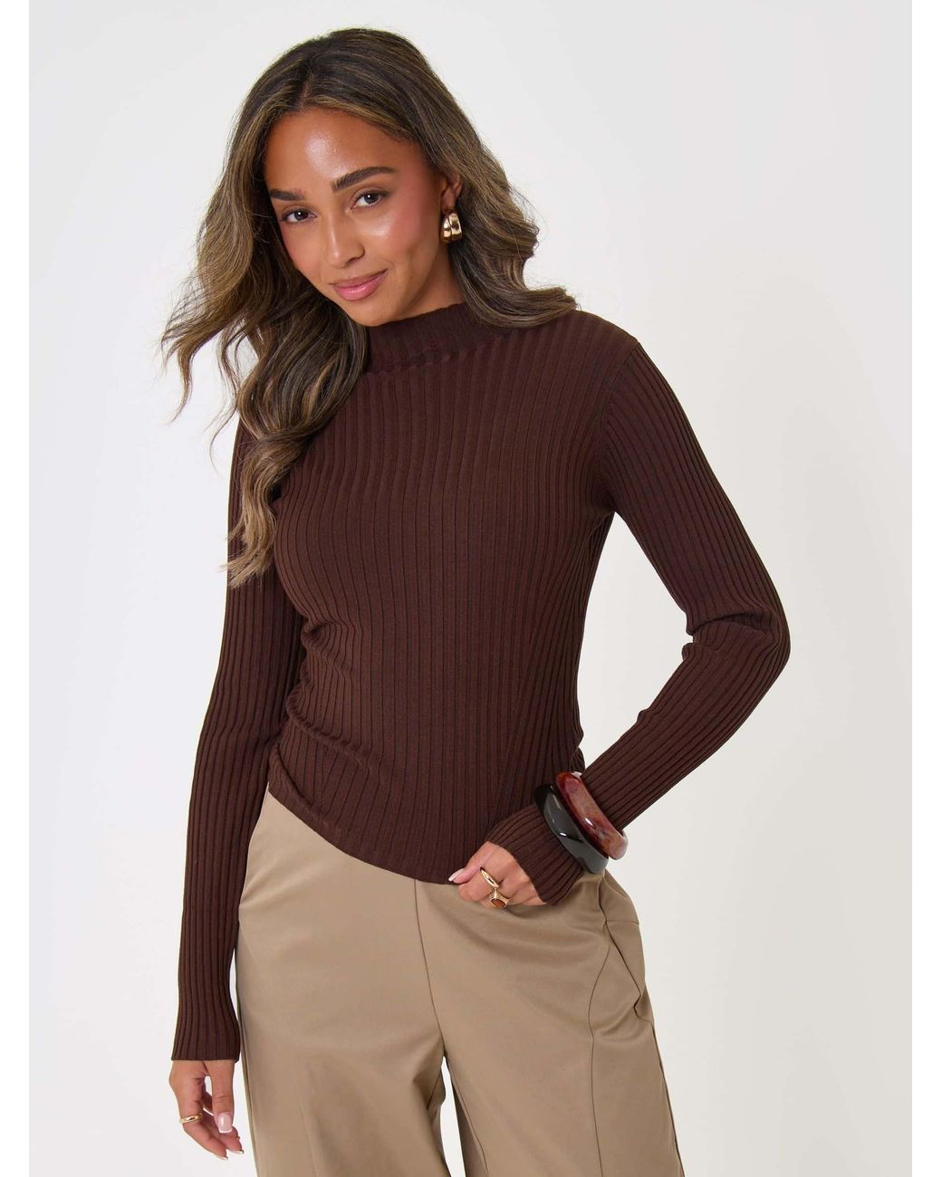 Threadbare Brown Ribbed High Neck Jumper
