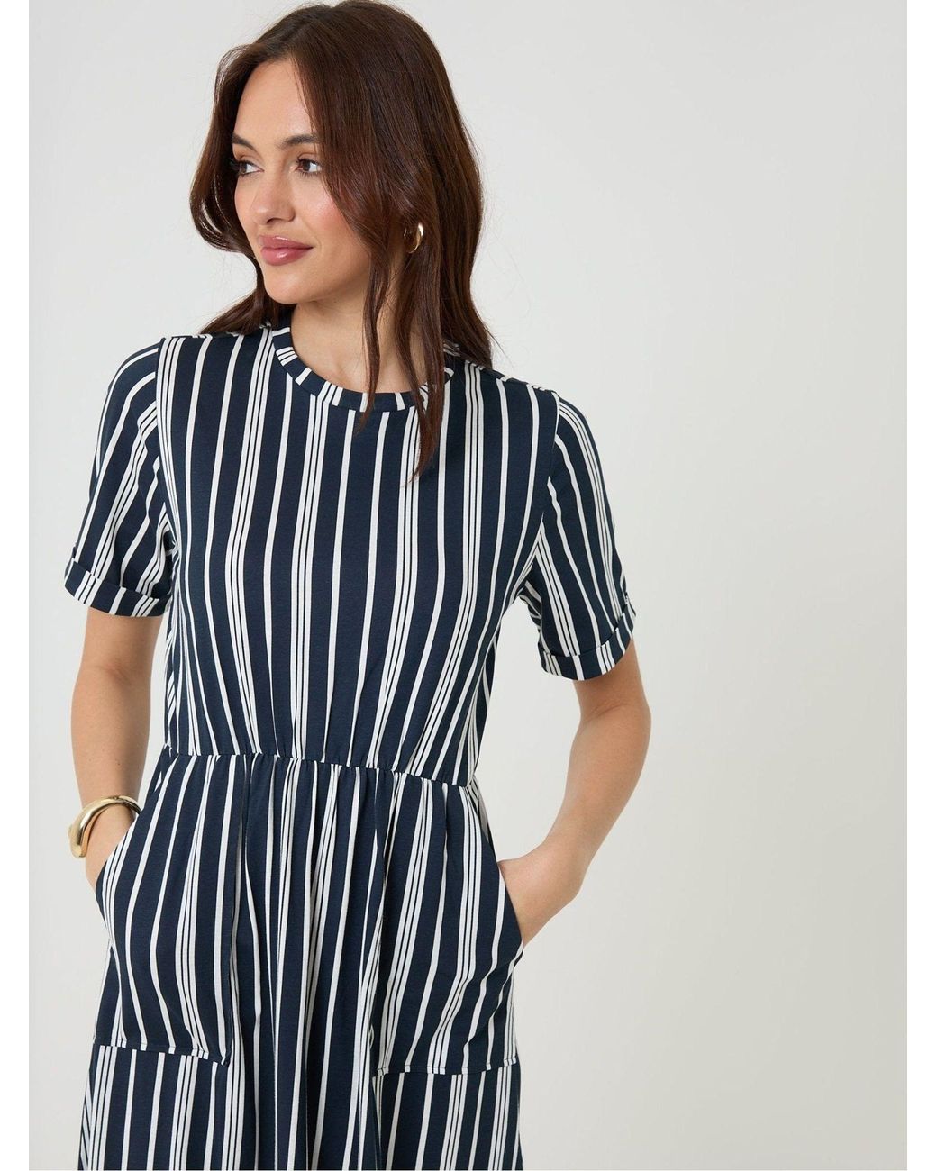 Threadbare Blue Stripey Crew Neck Jersey Midi Dress With Patch Pockets