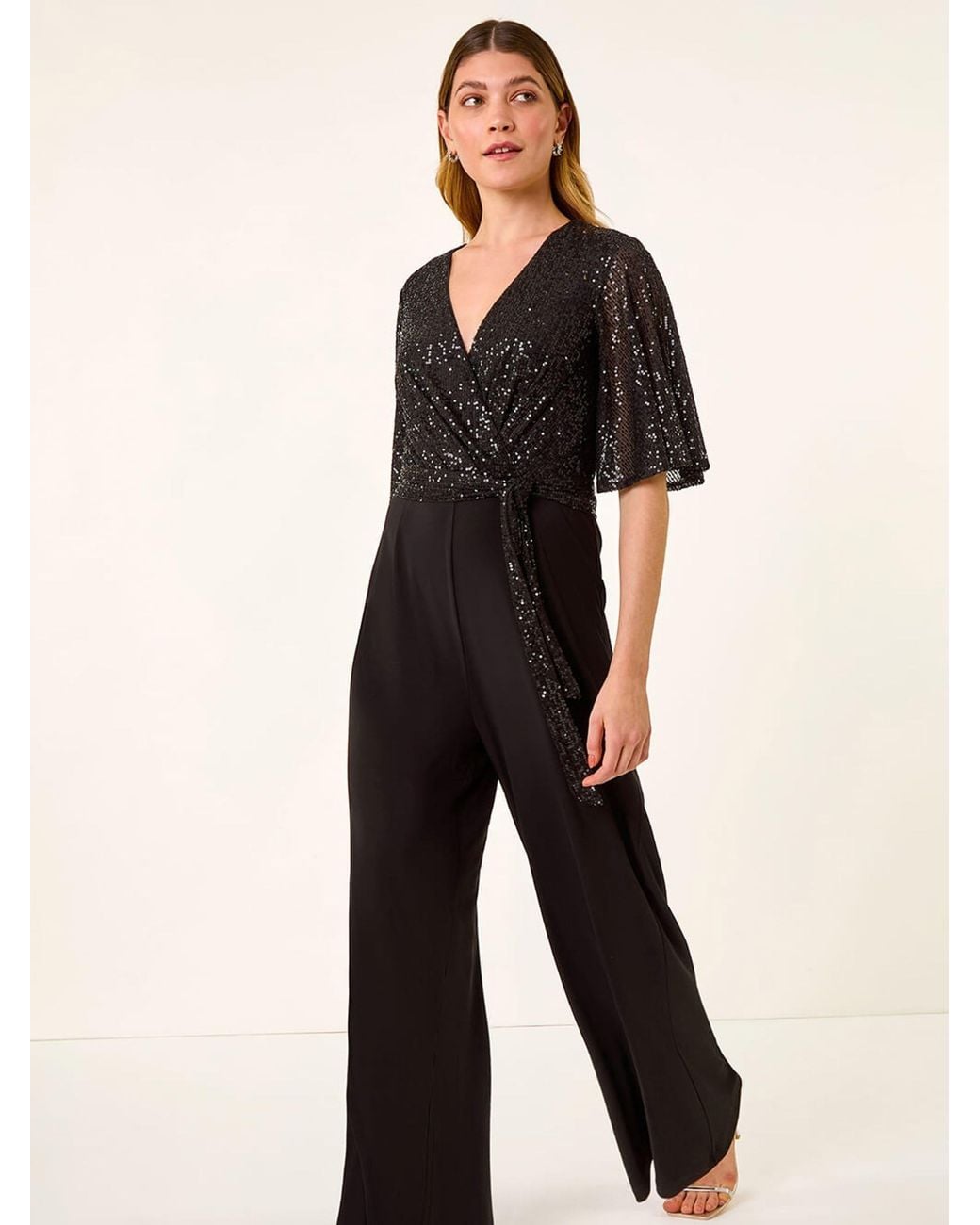 Roman Black Sequin Flutter Sleeve Stretch Jumpsuit