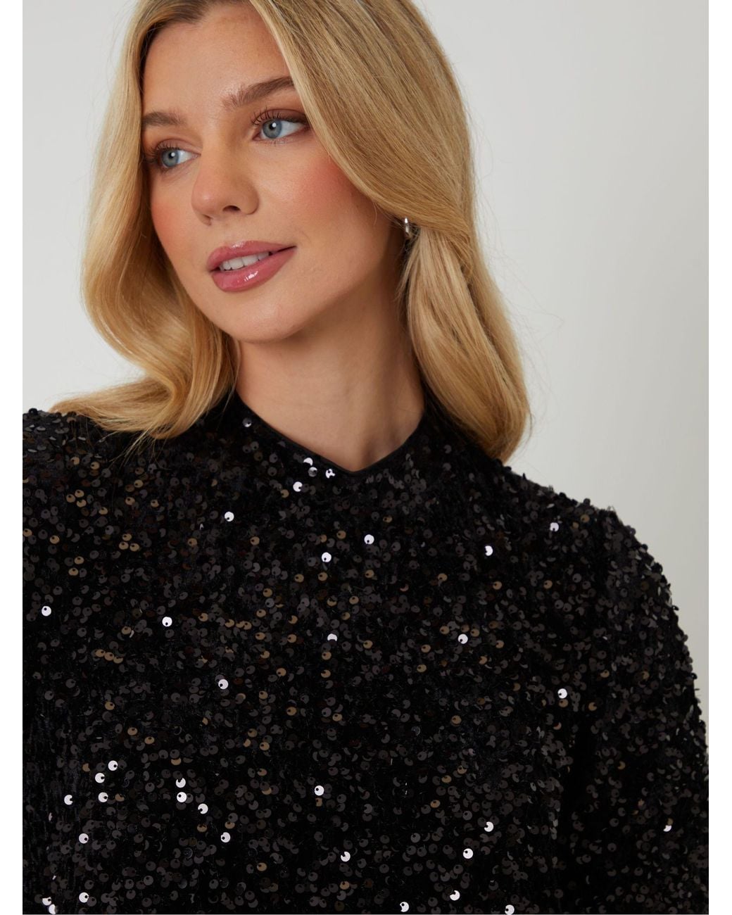Threadbare Black High Neck Sequin Velour Mini Dress