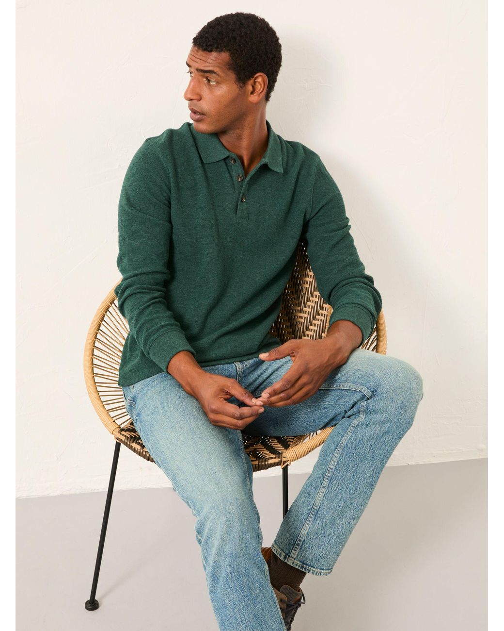 FatFace Green Shawford Long Sleeve Polo for men