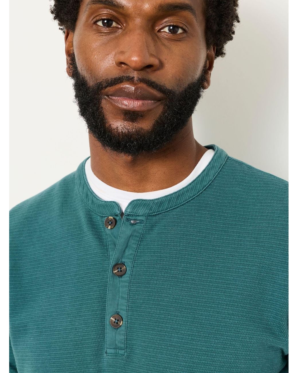 FatFace Green Henley Long Sleeve Textured T-Shirt for men