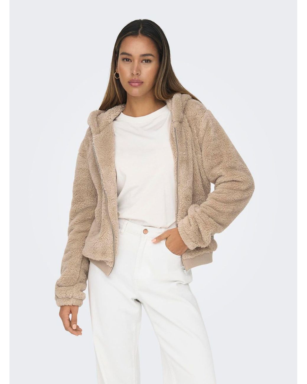 ONLY Natural Zip Through Hooded Teddy Jacket