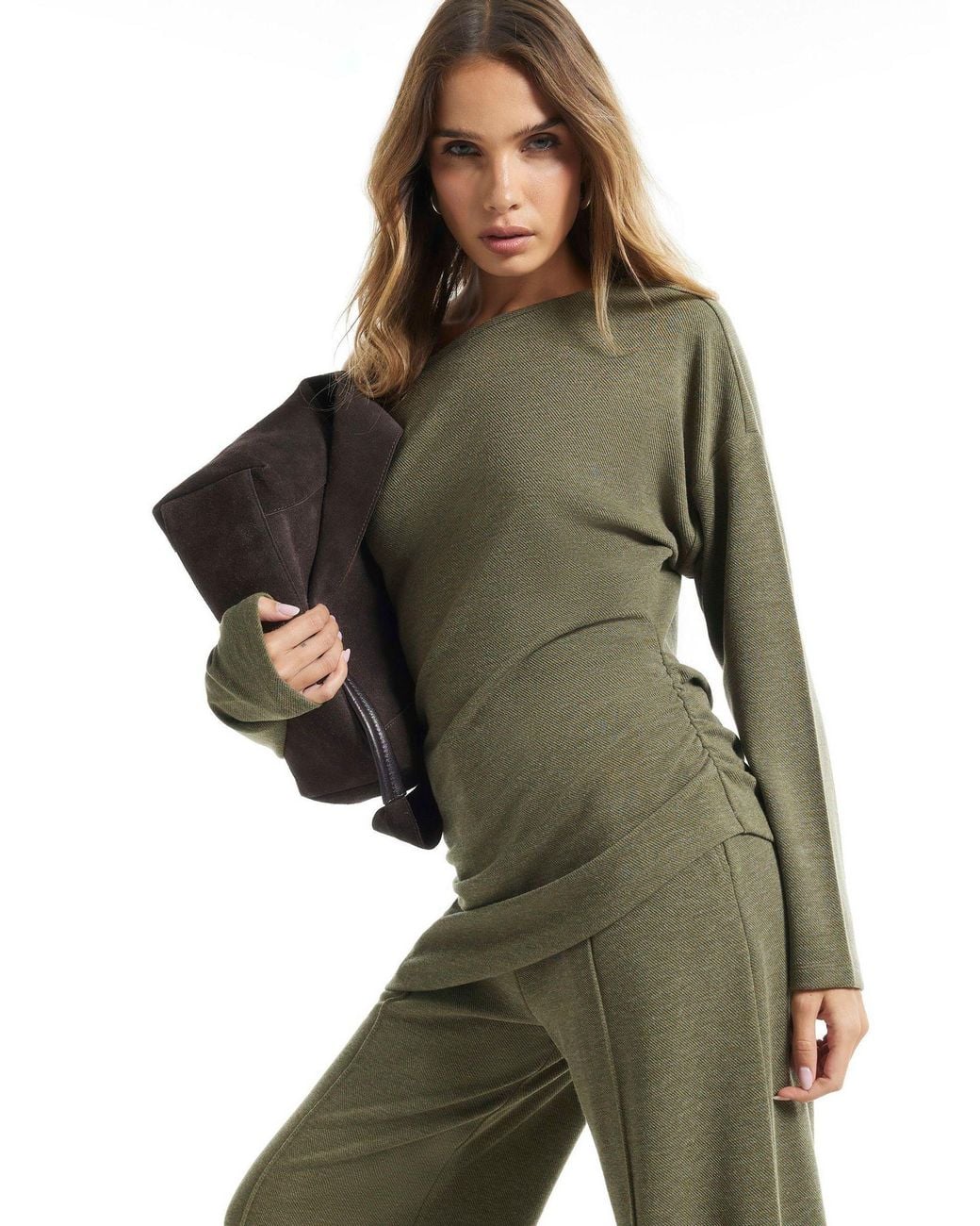 River Island Cosy Asymmetric Off Shoulder Top in Green | Lyst