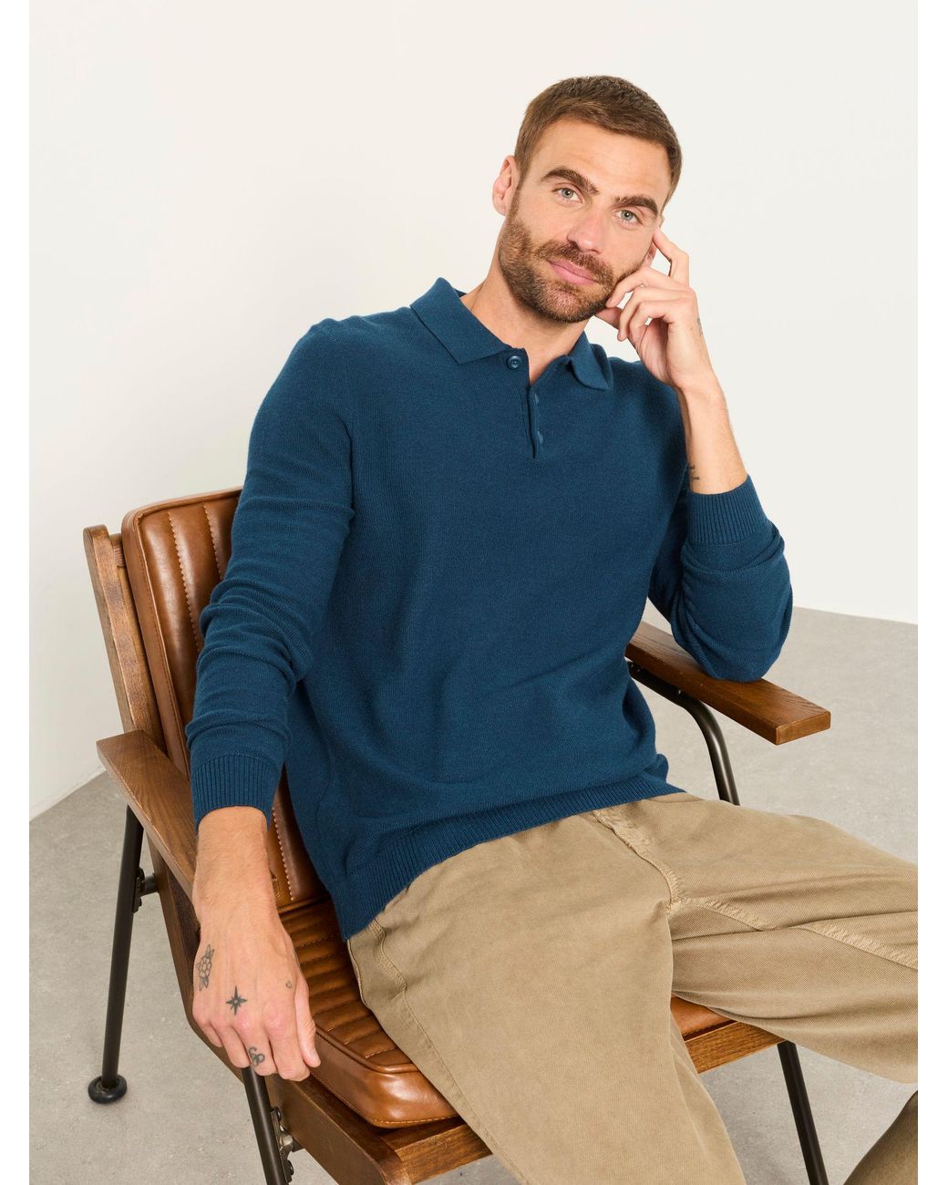 FatFace Blue Rye Long Sleeve Knitted Polo Shirt for men