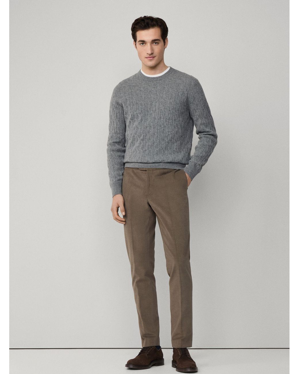 Hackett Gray Lambswool Cable Crew Neck Jumper for men
