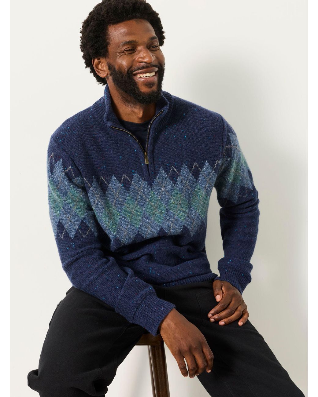 FatFace Blue Fatface Argyle Quarter Zip Knitted Jumper for men