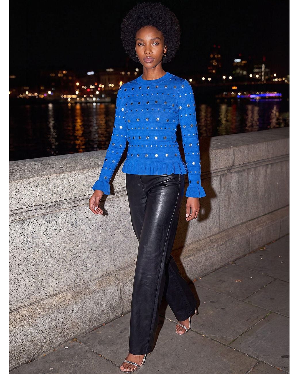 Roman Blue Stud Frill Knit Top