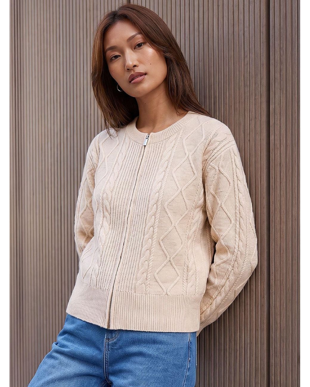 Roman Brown Knitted Cable Bomber Jacket