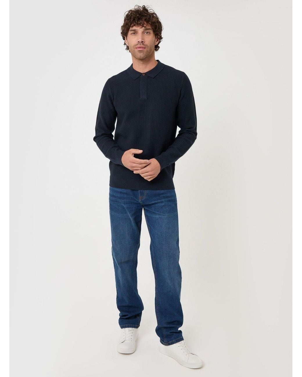 Threadbare Blue Waffle Stitch Polo Button Jumper for men