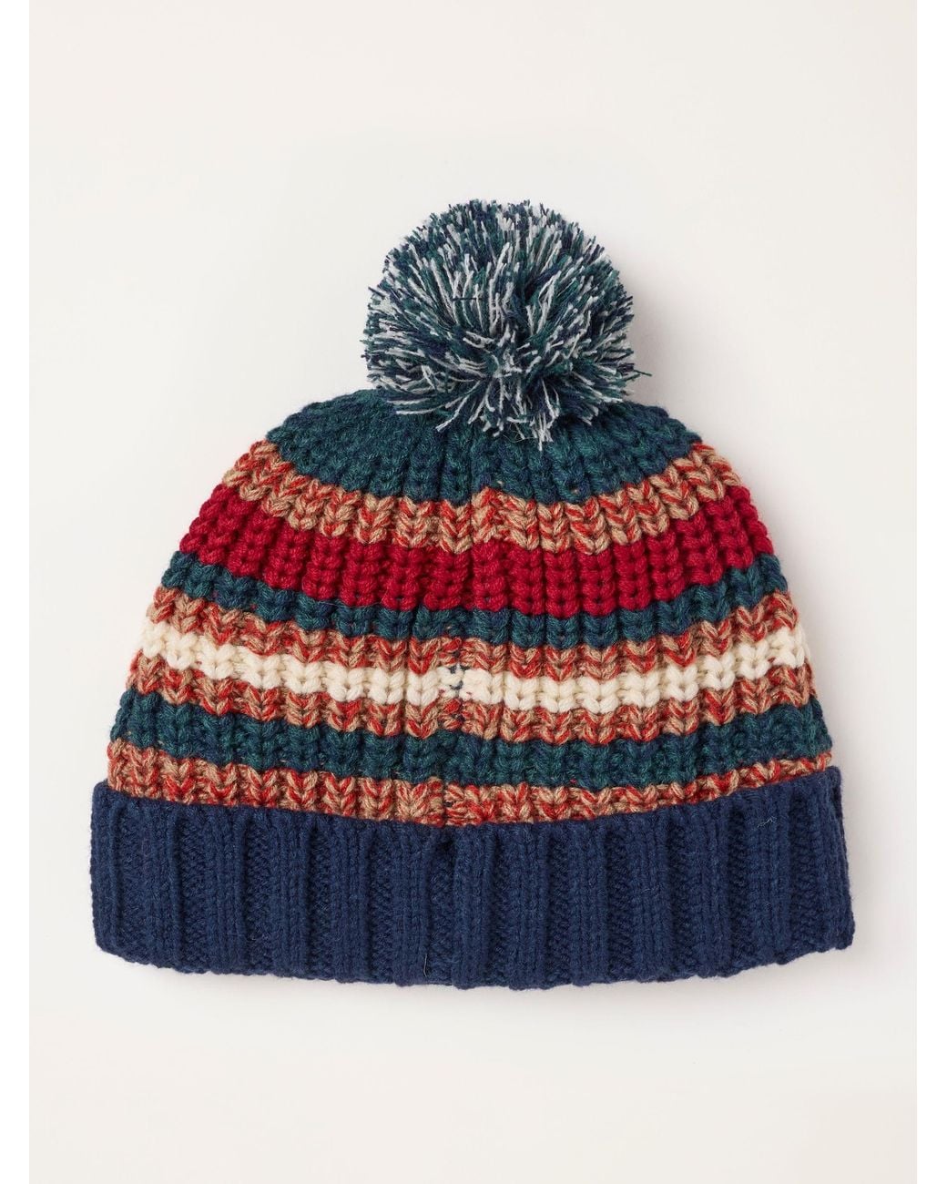 FatFace Blue Fatface Multi Stripe Stitch Bobble Hat for men