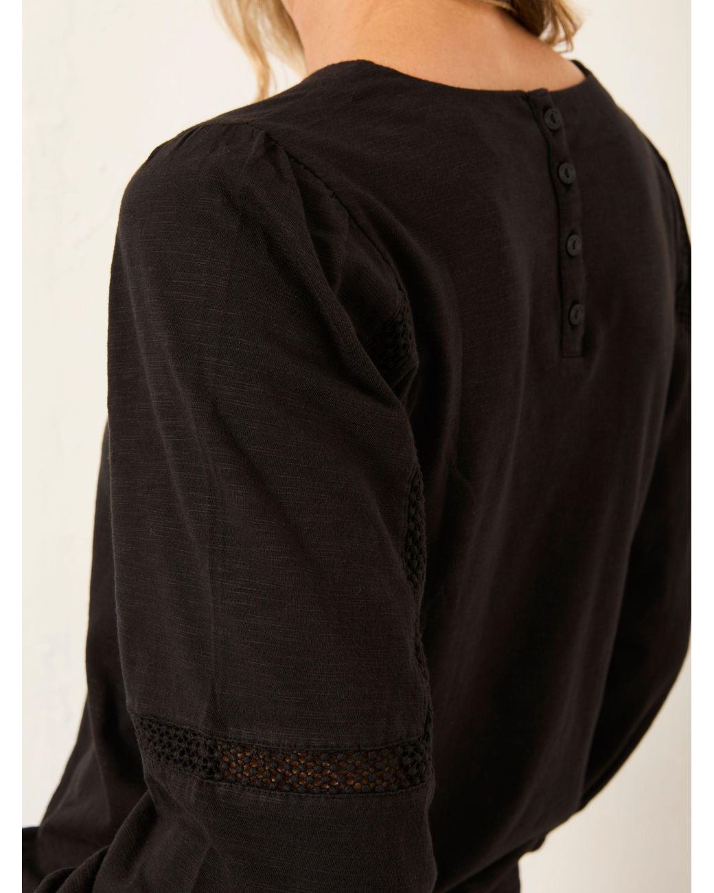 FatFace Black Cassie Broderie Round Neck Top
