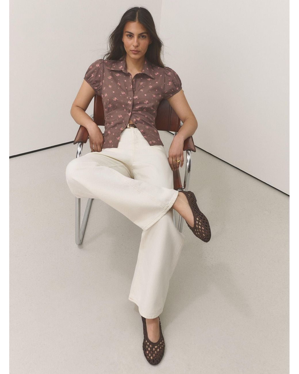 Next Brown Short Sleeve Button Front Top