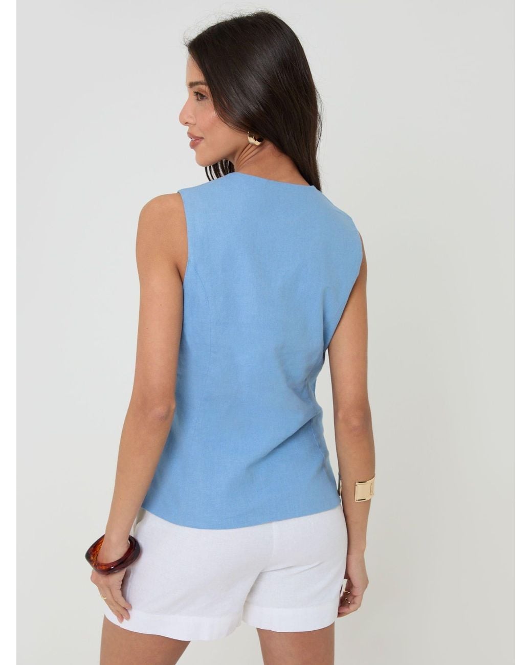 Threadbare Blue Linen Blend V-Neck Waistcoat