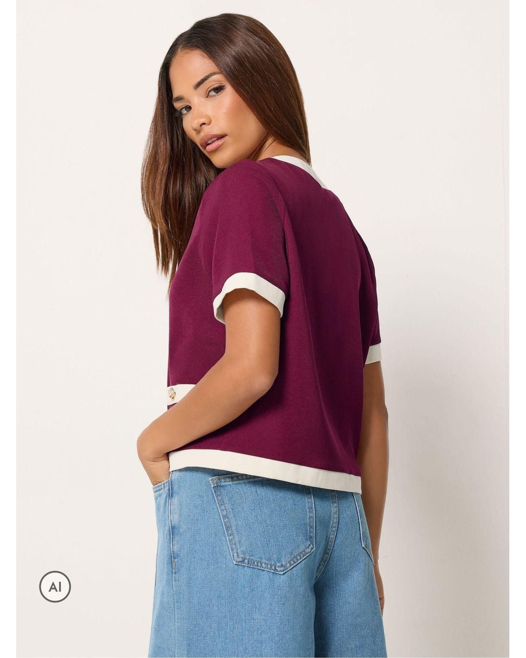 PixieGirl Petite Purple Contrast Short Sleeve Button Blouse