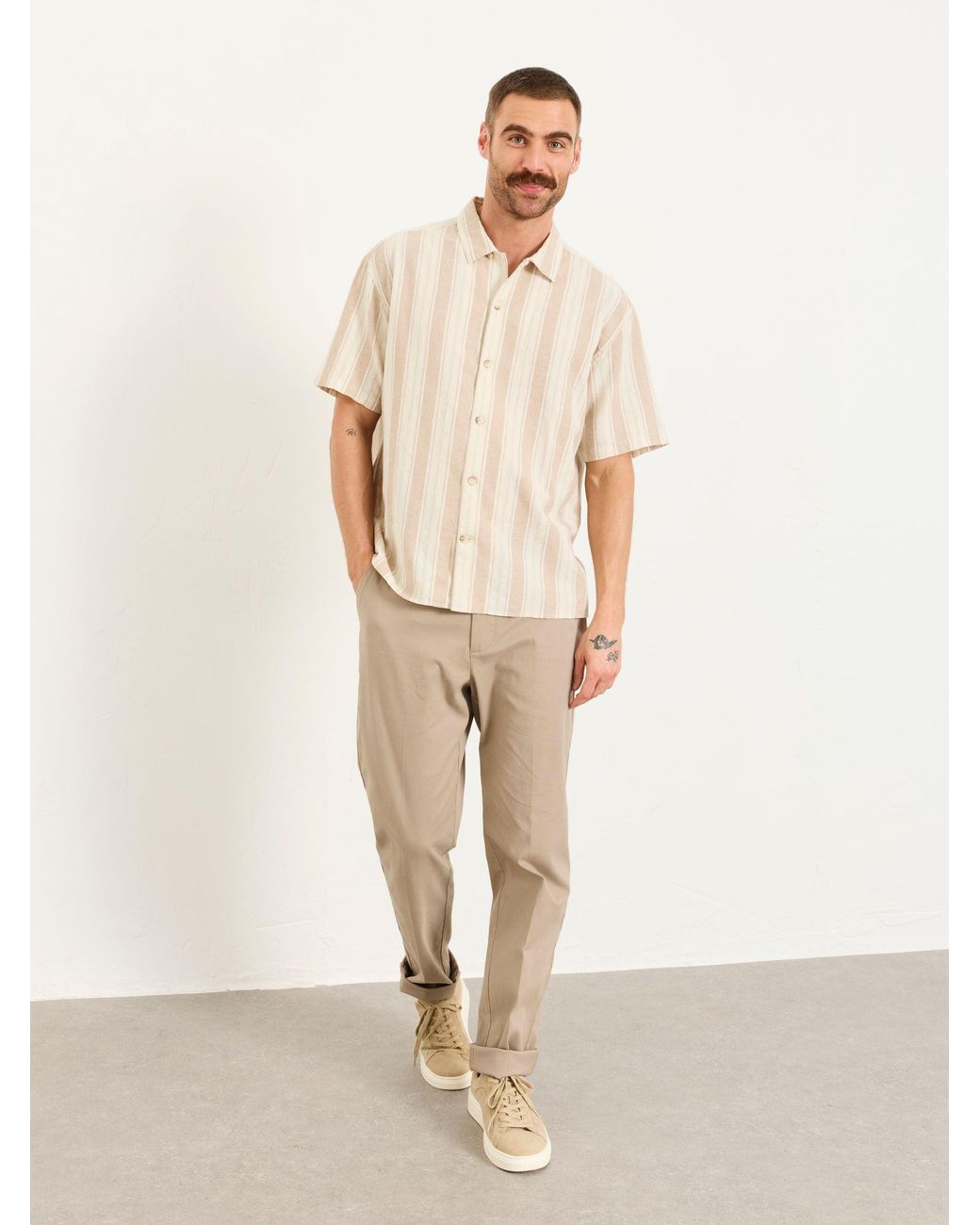 FatFace Natural Short Sleeve Relaxed Fit Linen Cotton Stripe Shirt for men