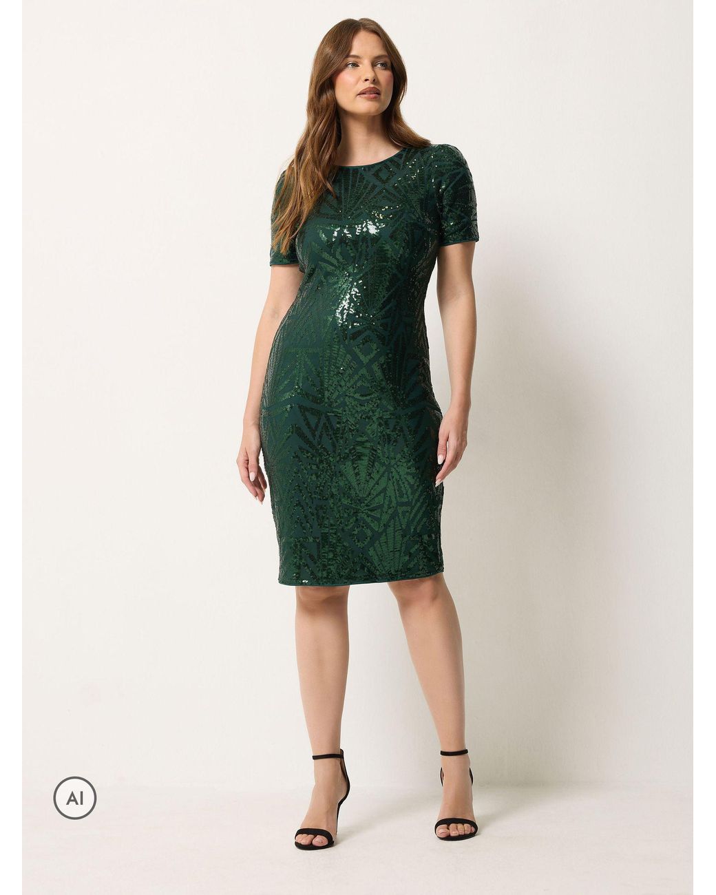 M Com Green Interest Sequin Shift Dress